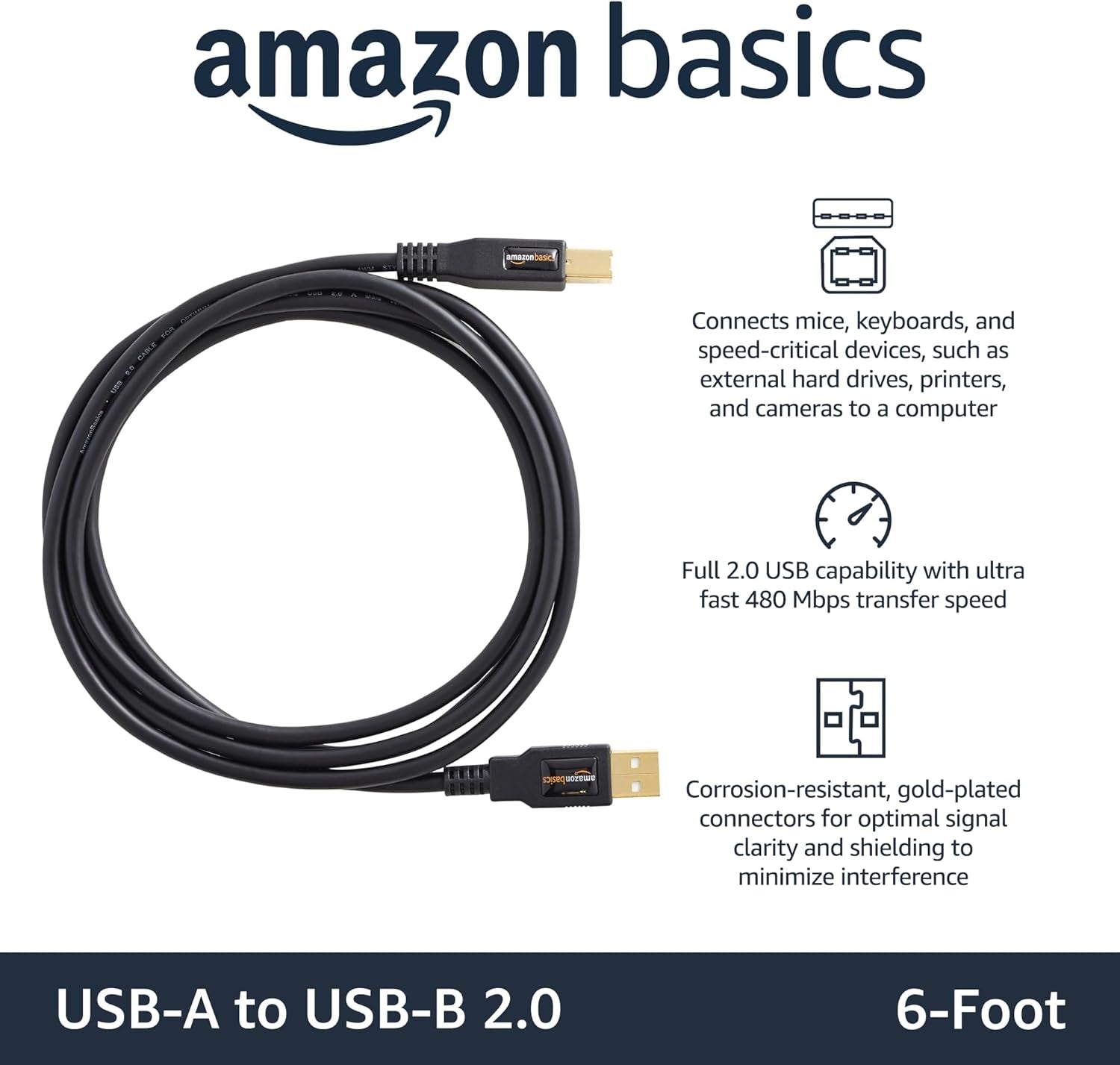 USB-A to USB-B 2.0 Cable with 480 Mbps Transfer Speed for Printer or External Hard Drive, Gold-Plated Connectors, 6 Foot, Black